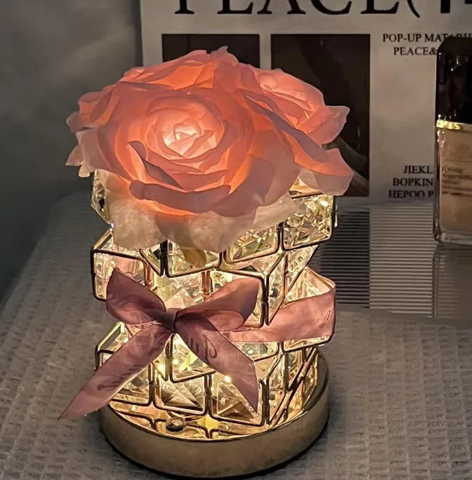 Romantic Rose Crystal Cube Table Lamp