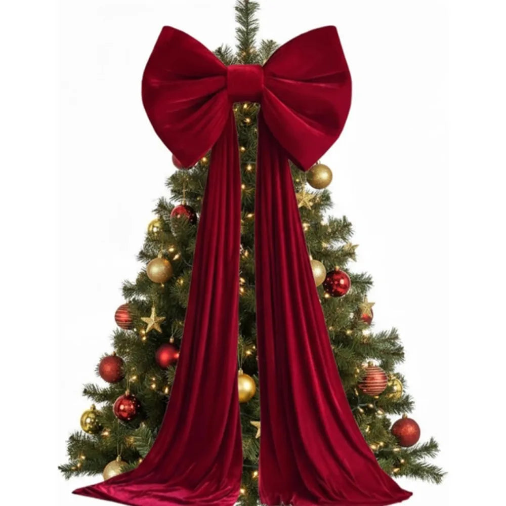 Large Velvet-Look Christmas Tree Bow with Long Streamers