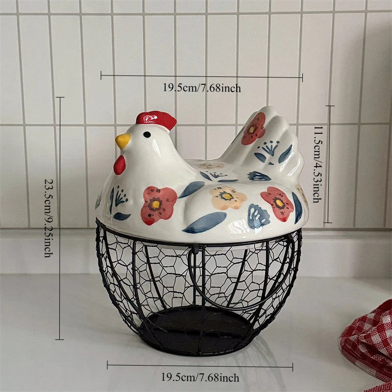 Chicken-Shaped Ceramic and Iron Egg Basket