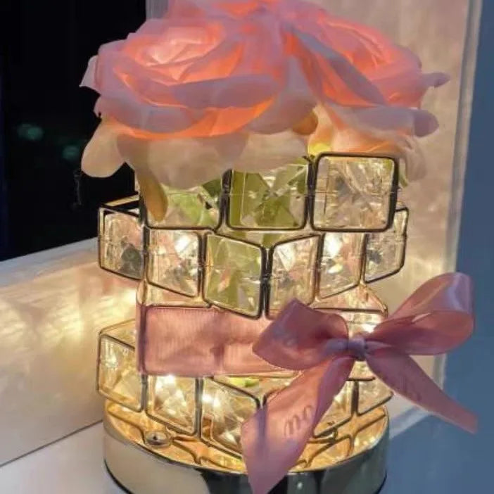 Romantic Rose Crystal Cube Table Lamp