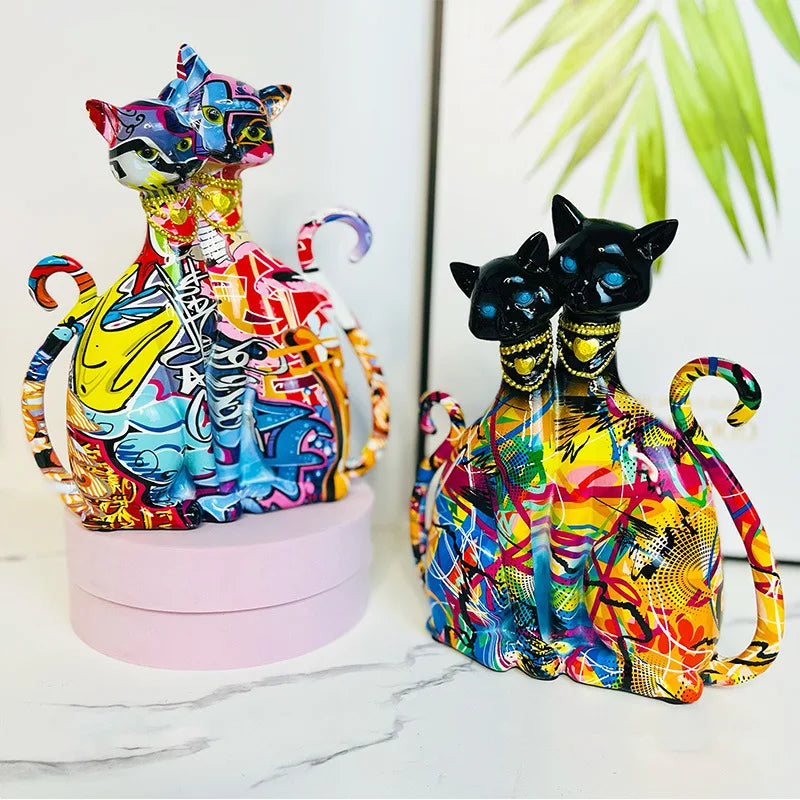Abstract Graffiti Cat Couple Figurine