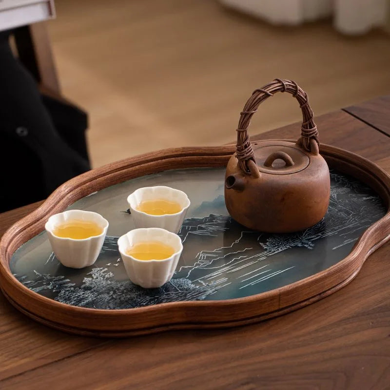 Bamboo Wood and Glass Tea Tray