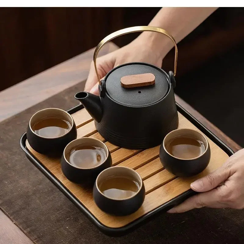 Black Ceramic Kung Fu Tea Set with Travel Case & Dragon Tea Pet