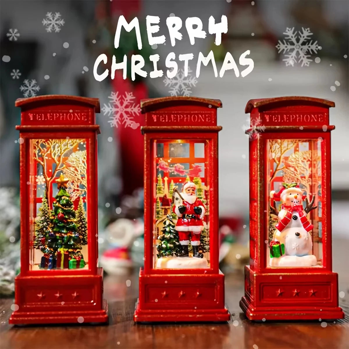 Lighted Christmas Phone Booth Tabletop Decoration