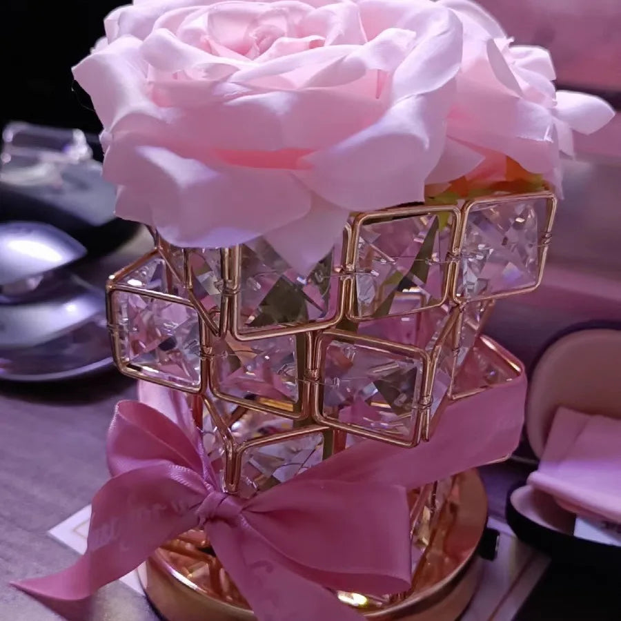 Romantic Rose Crystal Cube Table Lamp
