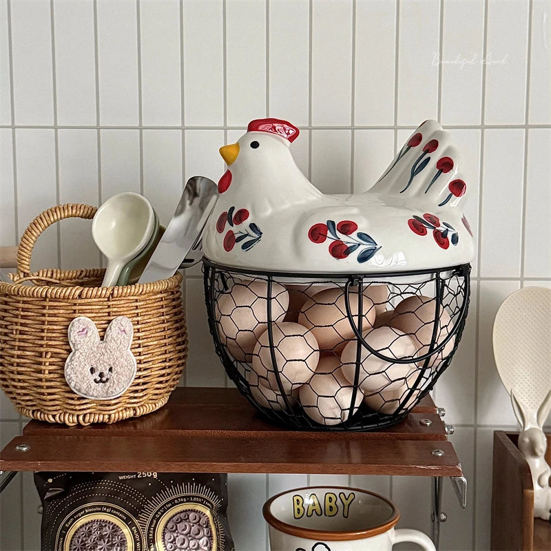 Chicken-Shaped Ceramic and Iron Egg Basket