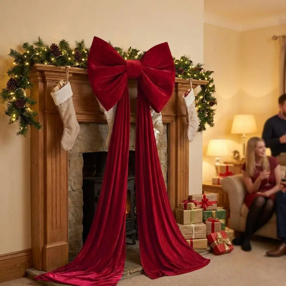 Large Velvet-Look Christmas Tree Bow with Long Streamers