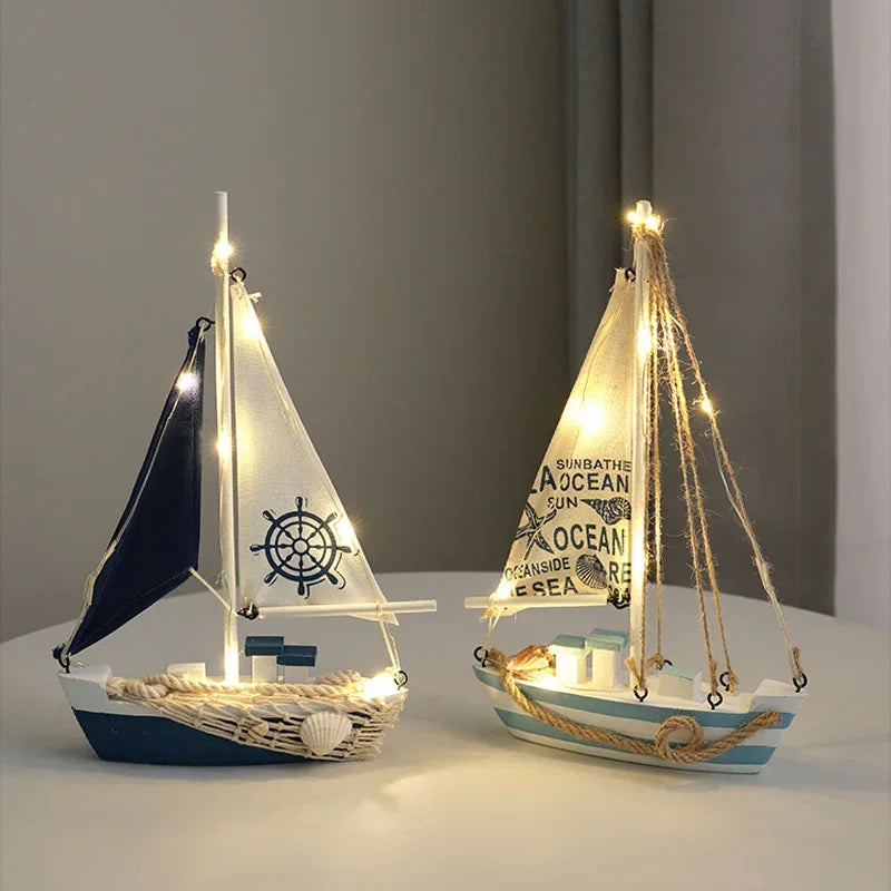 Mediterranean Wooden Sailboat Decor with LED Lights