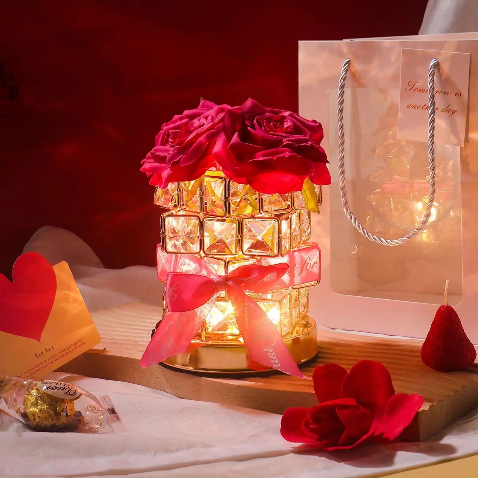 Romantic Rose Crystal Cube Table Lamp