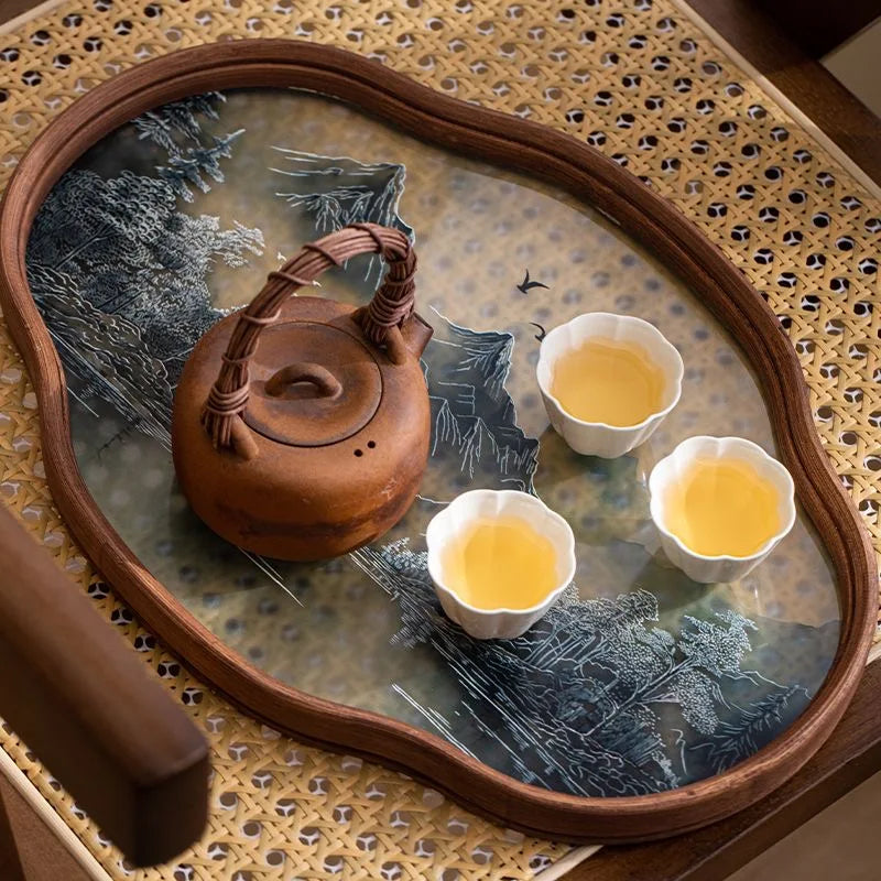 Bamboo Wood and Glass Tea Tray