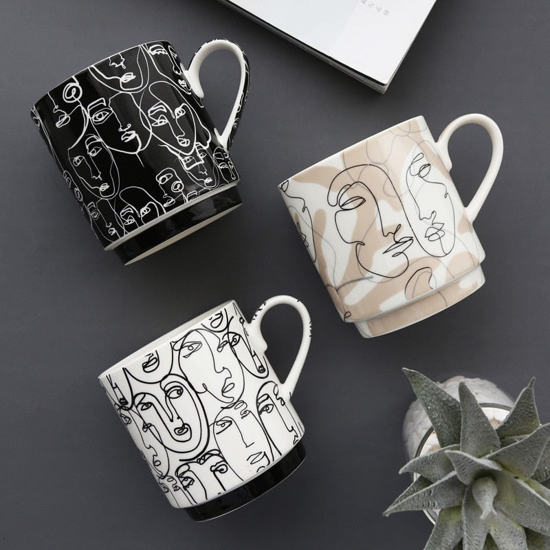 Abstract Face Line Drawing Coffee Cups