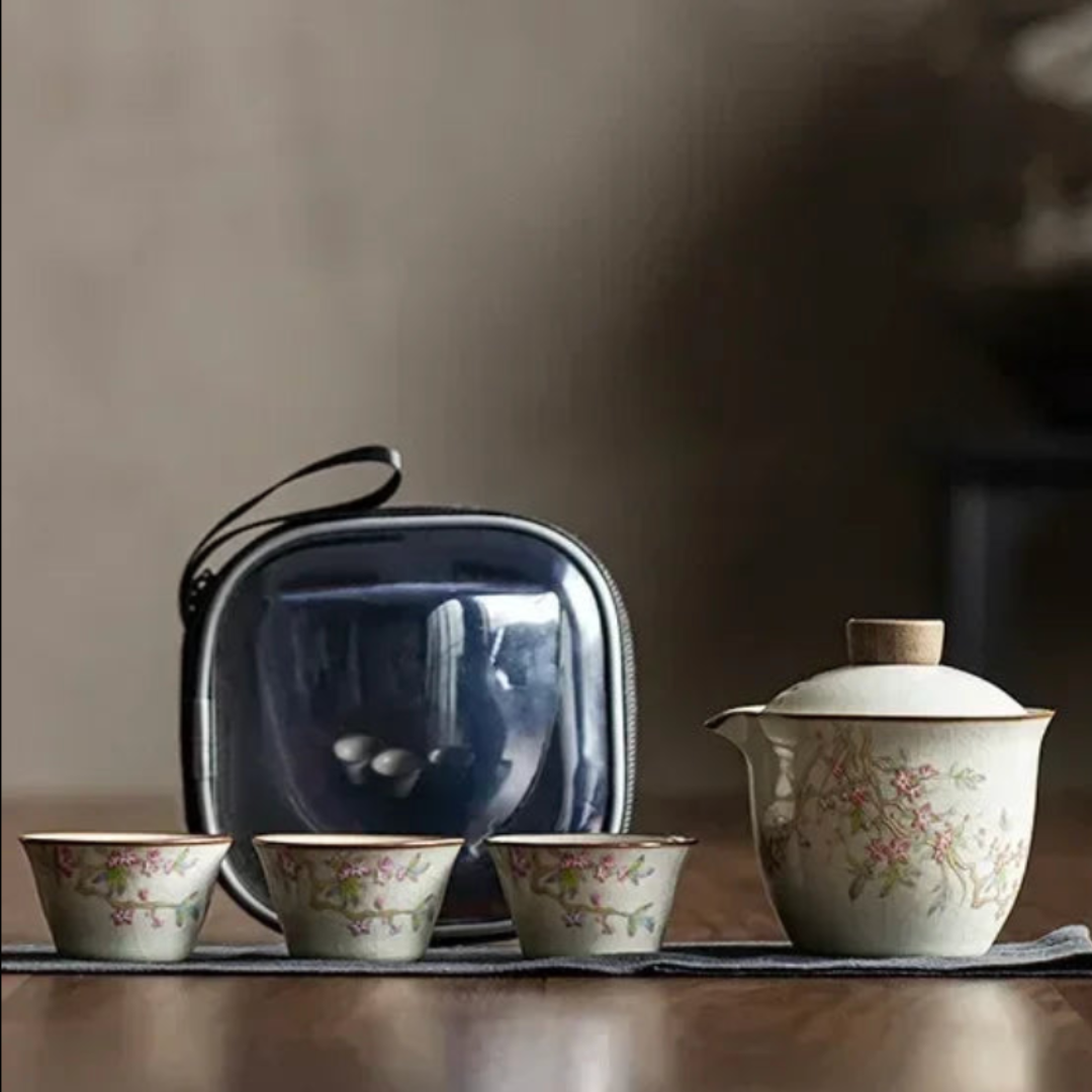 Peach Blossom Ceramic Travel Tea Set with Case