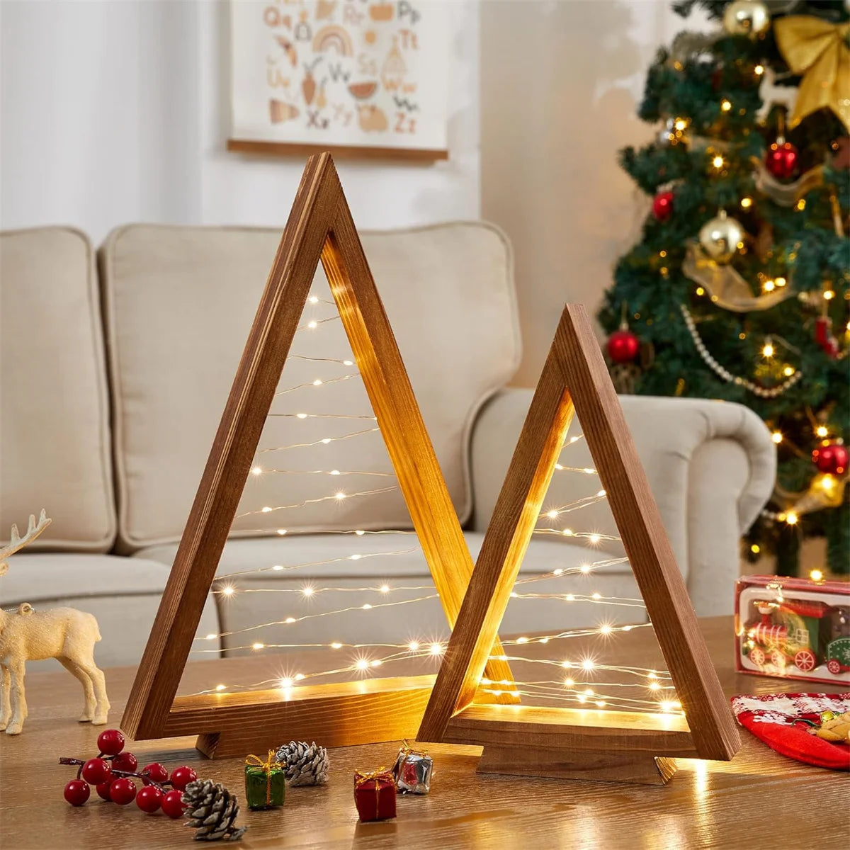 2-Piece Wooden Christmas Tree Set with Lights