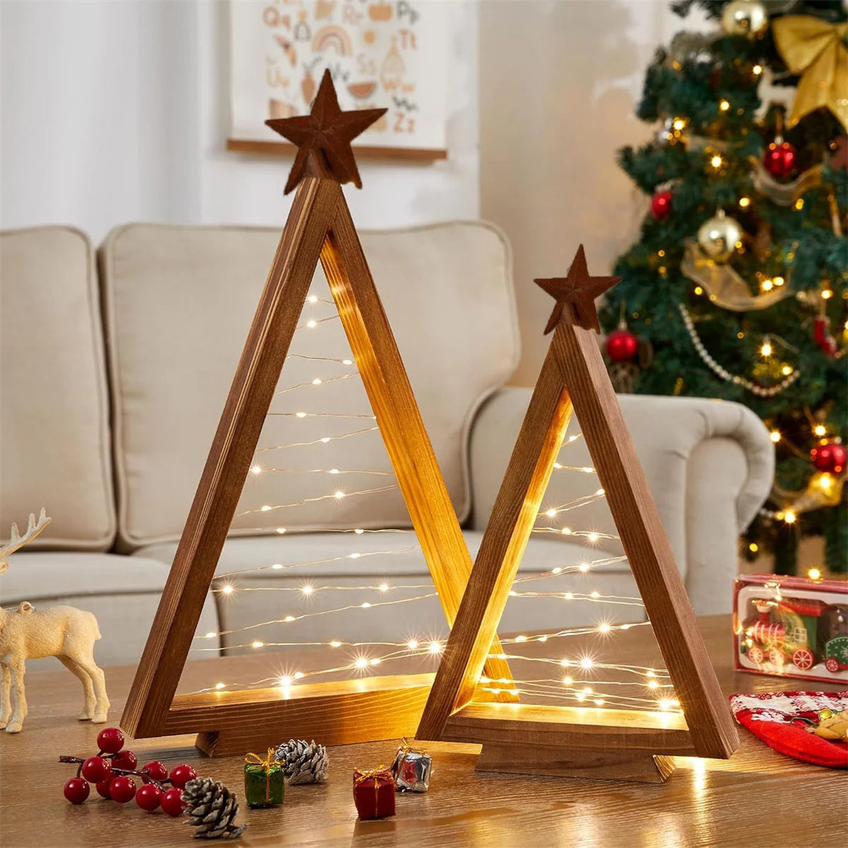 2-Piece Wooden Christmas Tree Set with Lights