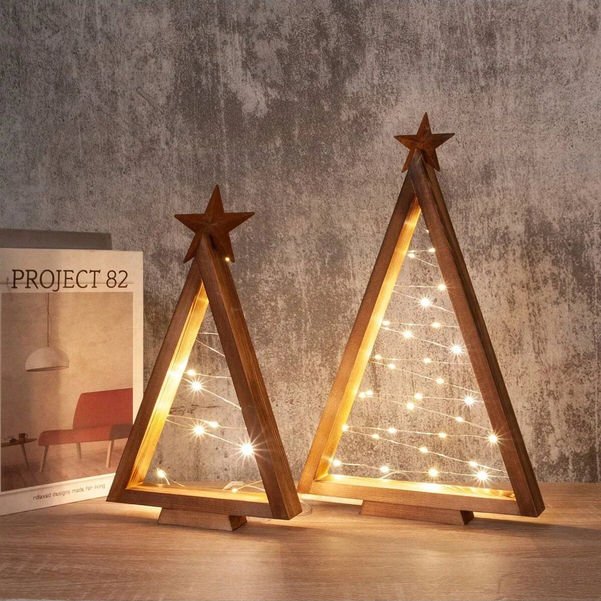 2-Piece Wooden Christmas Tree Set with Lights
