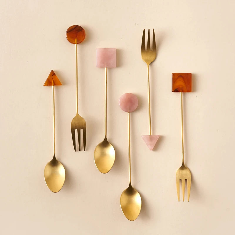 Gold-Plated Geometric Spoon and Fork Set
