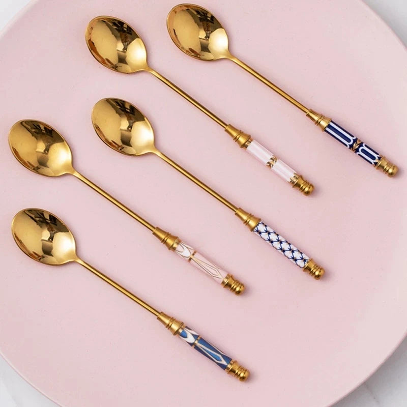 Stainless Steel Dessert Spoon- Ceramic Long Handle Gold Teaspoon