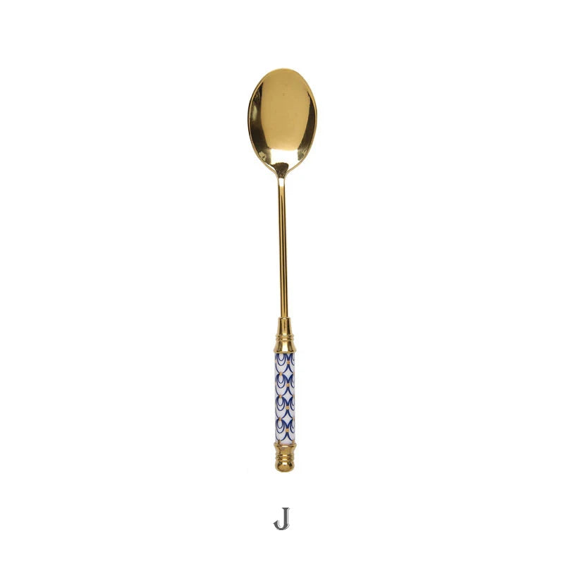 Stainless Steel Dessert Spoon- Ceramic Long Handle Gold Teaspoon