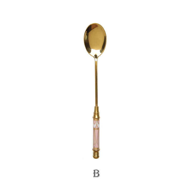 Stainless Steel Dessert Spoon- Ceramic Long Handle Gold Teaspoon