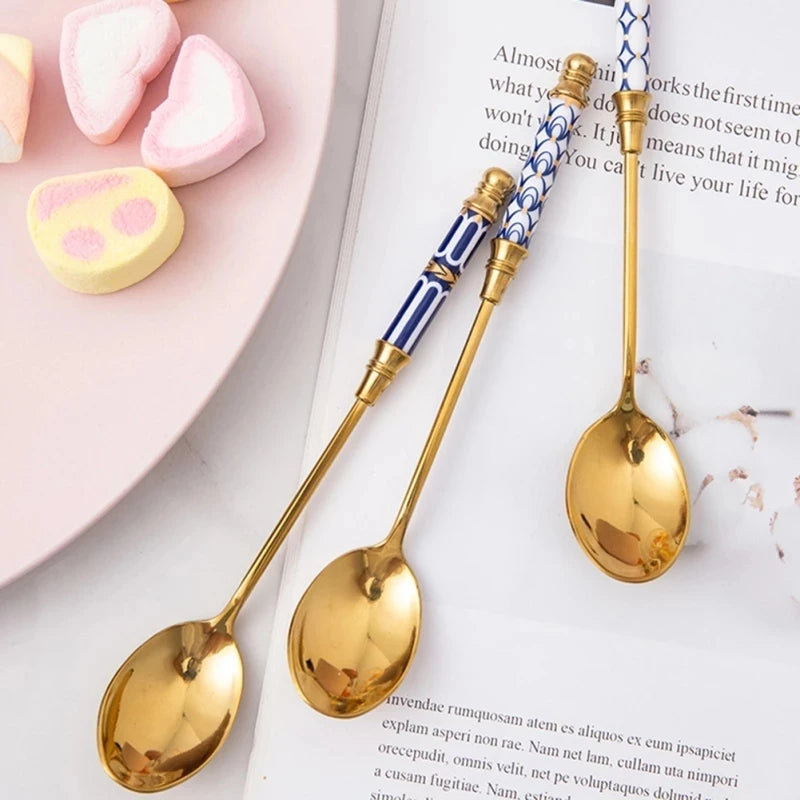 Stainless Steel Dessert Spoon- Ceramic Long Handle Gold Teaspoon