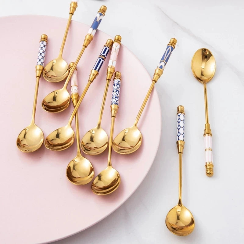 Stainless Steel Dessert Spoon- Ceramic Long Handle Gold Teaspoon