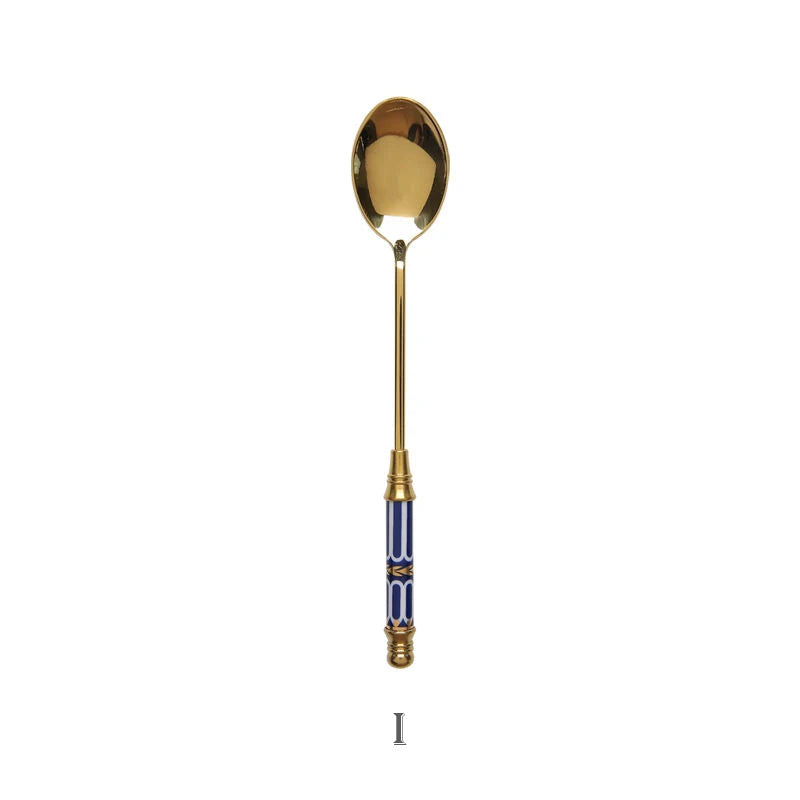 Stainless Steel Dessert Spoon- Ceramic Long Handle Gold Teaspoon