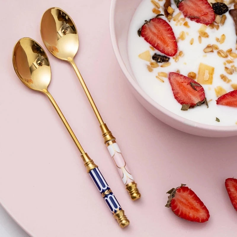 Stainless Steel Dessert Spoon- Ceramic Long Handle Gold Teaspoon