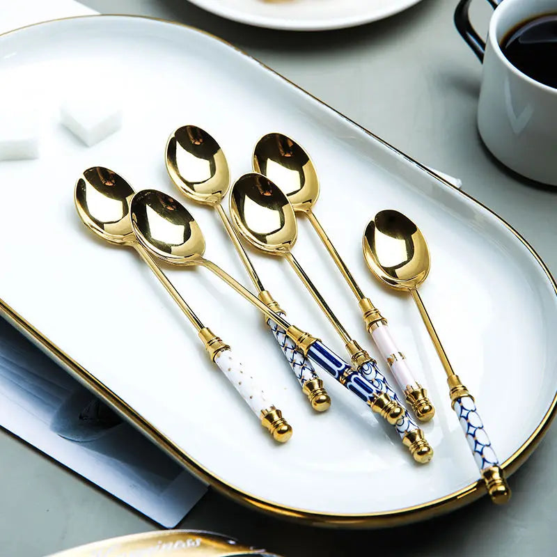 Stainless Steel Dessert Spoon- Ceramic Long Handle Gold Teaspoon