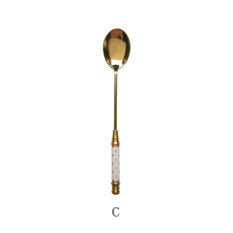 Stainless Steel Dessert Spoon- Ceramic Long Handle Gold Teaspoon