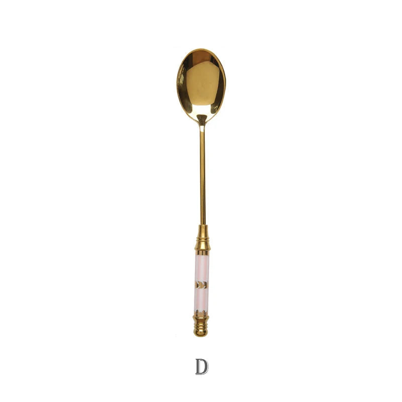 Stainless Steel Dessert Spoon- Ceramic Long Handle Gold Teaspoon