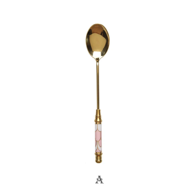 Stainless Steel Dessert Spoon- Ceramic Long Handle Gold Teaspoon
