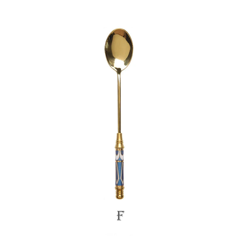 Stainless Steel Dessert Spoon- Ceramic Long Handle Gold Teaspoon