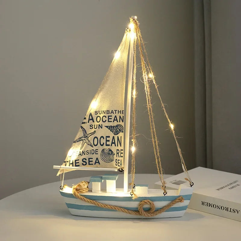 Mediterranean Wooden Sailboat Decor with LED Lights