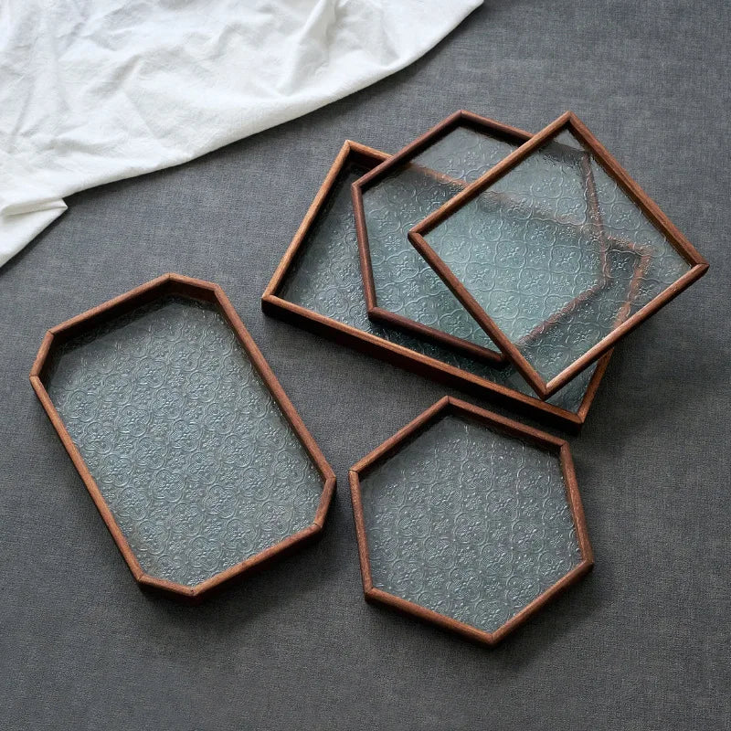 Japan-Style Wood &amp; Embossed Glass Serving Tray