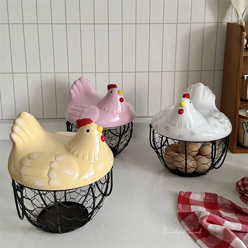 Chicken-Shaped Ceramic and Iron Egg Basket