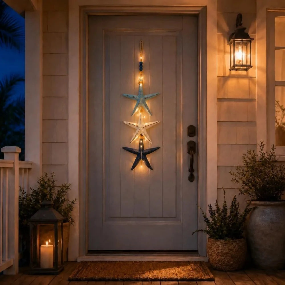 Coastal Wooden Fish and Starfish LED Hanging Ornament