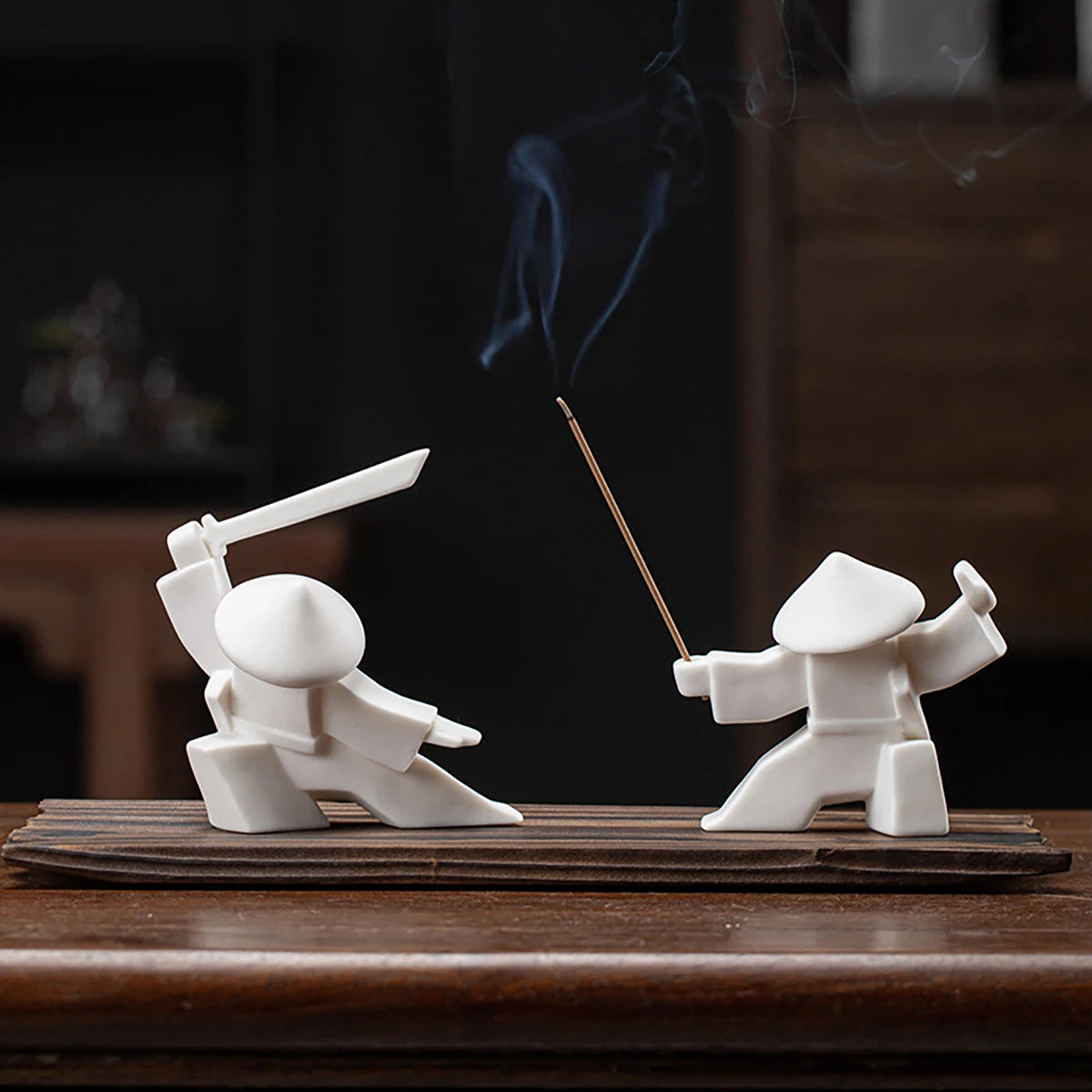 Ceramic Samurai Figurine - Geometric Oriental Desk Decor