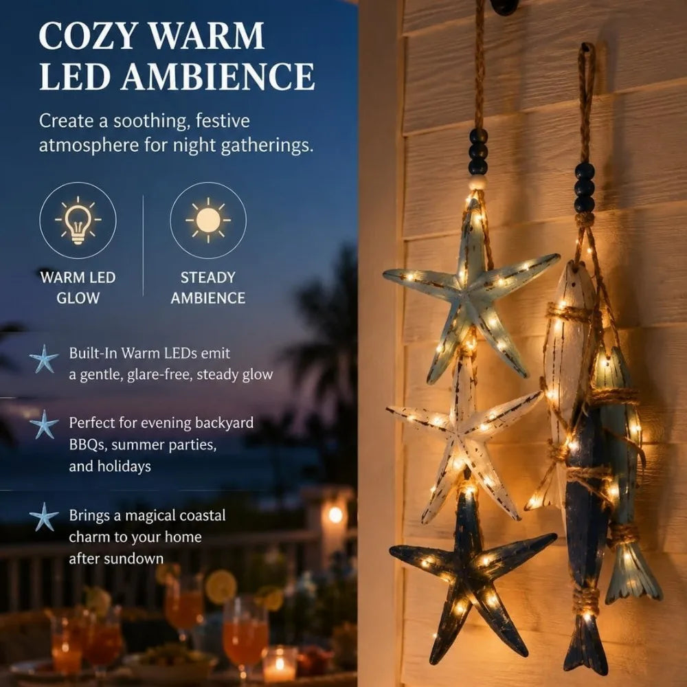 Coastal Wooden Fish and Starfish LED Hanging Ornament
