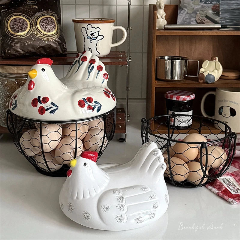 Chicken-Shaped Ceramic and Iron Egg Basket