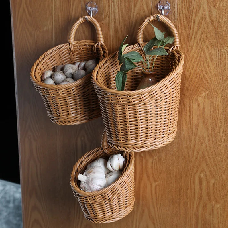 Wall-Mounted Wicker-Style Storage Basket for Kitchen, Fruit &amp; Home Decor