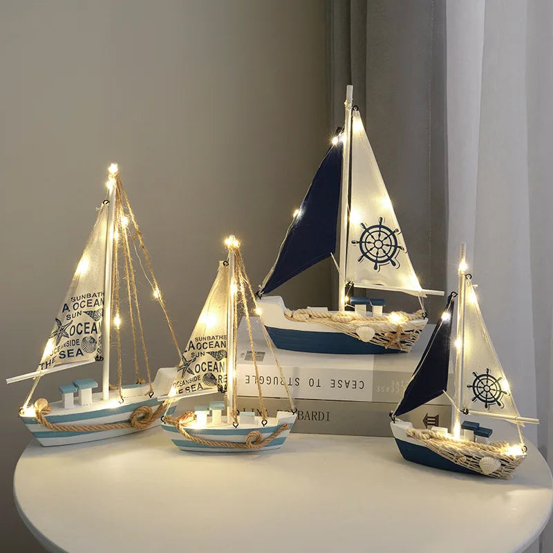 Mediterranean Wooden Sailboat Decor with LED Lights