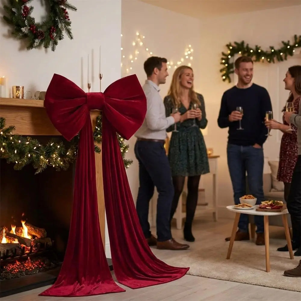 Large Velvet-Look Christmas Tree Bow with Long Streamers