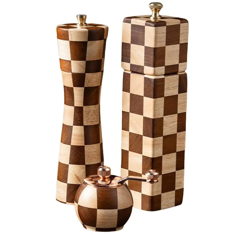 Solid Wood Checkerboard Pepper Grinder & Sea Salt Mill