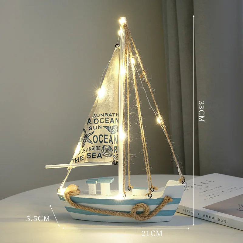 Mediterranean Wooden Sailboat Decor with LED Lights