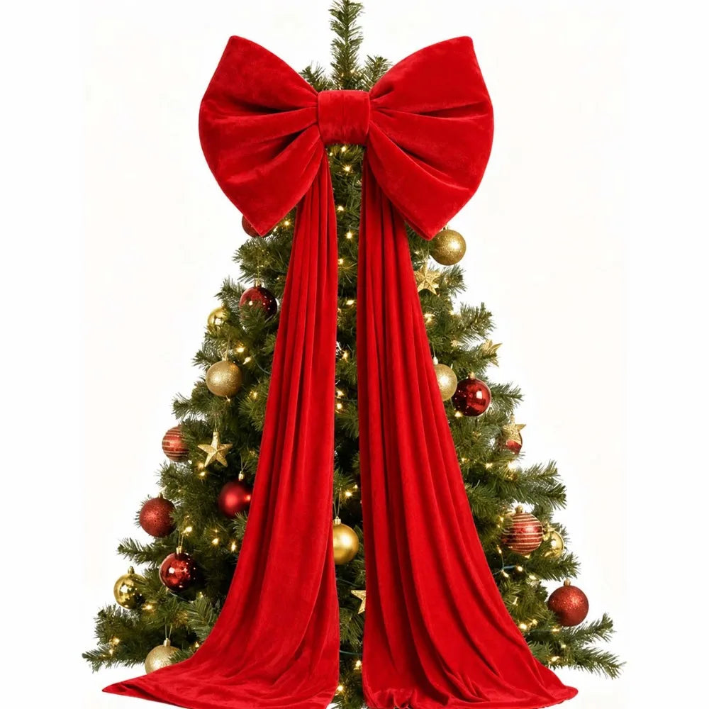 Large Velvet-Look Christmas Tree Bow with Long Streamers