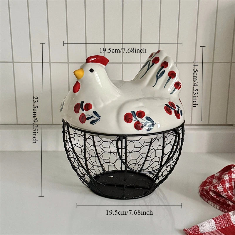 Chicken-Shaped Ceramic and Iron Egg Basket