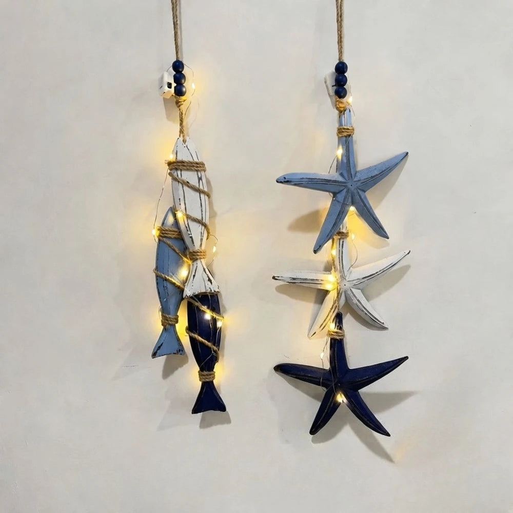 Coastal Wooden Fish and Starfish LED Hanging Ornament