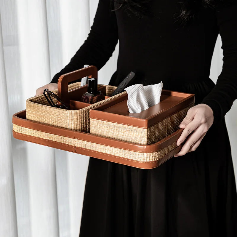 Luxury Natural Straw &amp; Leather Tissue Box Multifunctional Storage Set