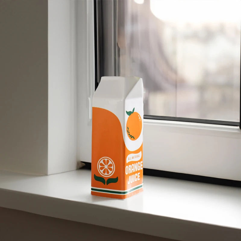 Retro Orange Juice Carton Ceramic Vase