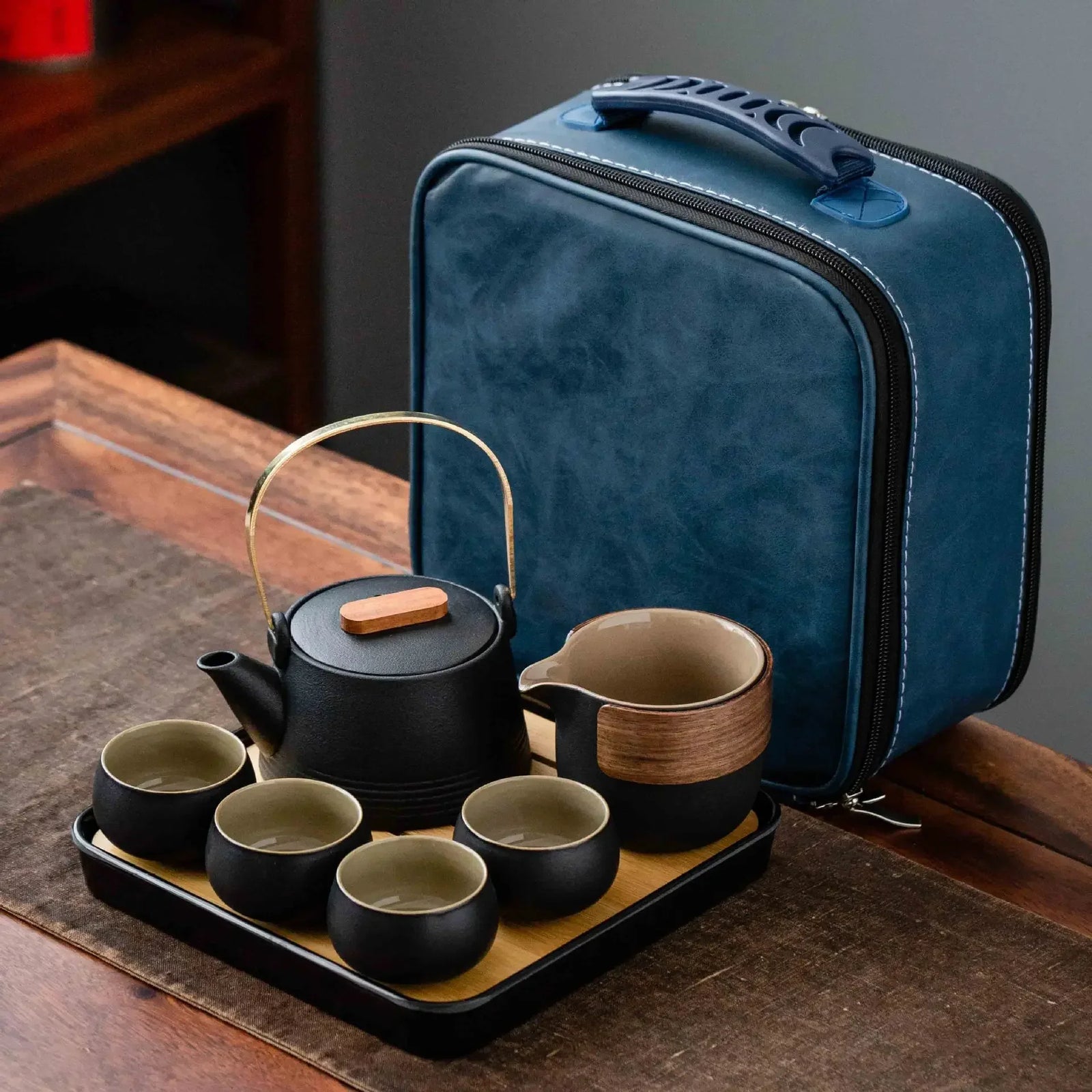 Black Ceramic Kung Fu Tea Set with Travel Case & Dragon Tea Pet